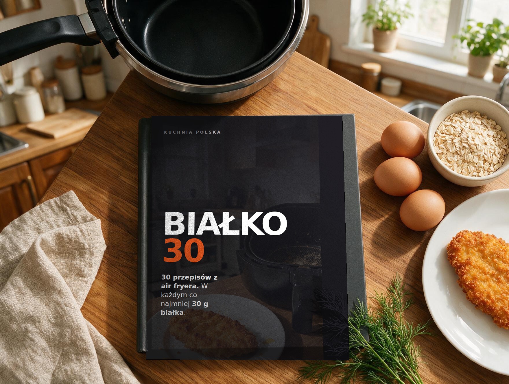 Książka BIAŁKO 30 na kuchennym blacie obok air fryera